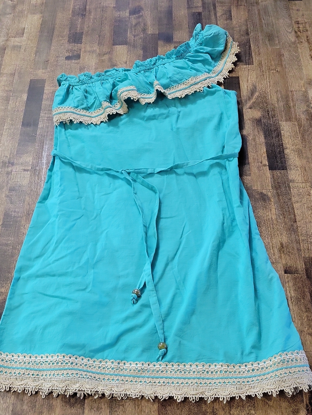 Mud Pie Turquoise One-Shoulder Ruffle Dress with Cream Lace Size Small